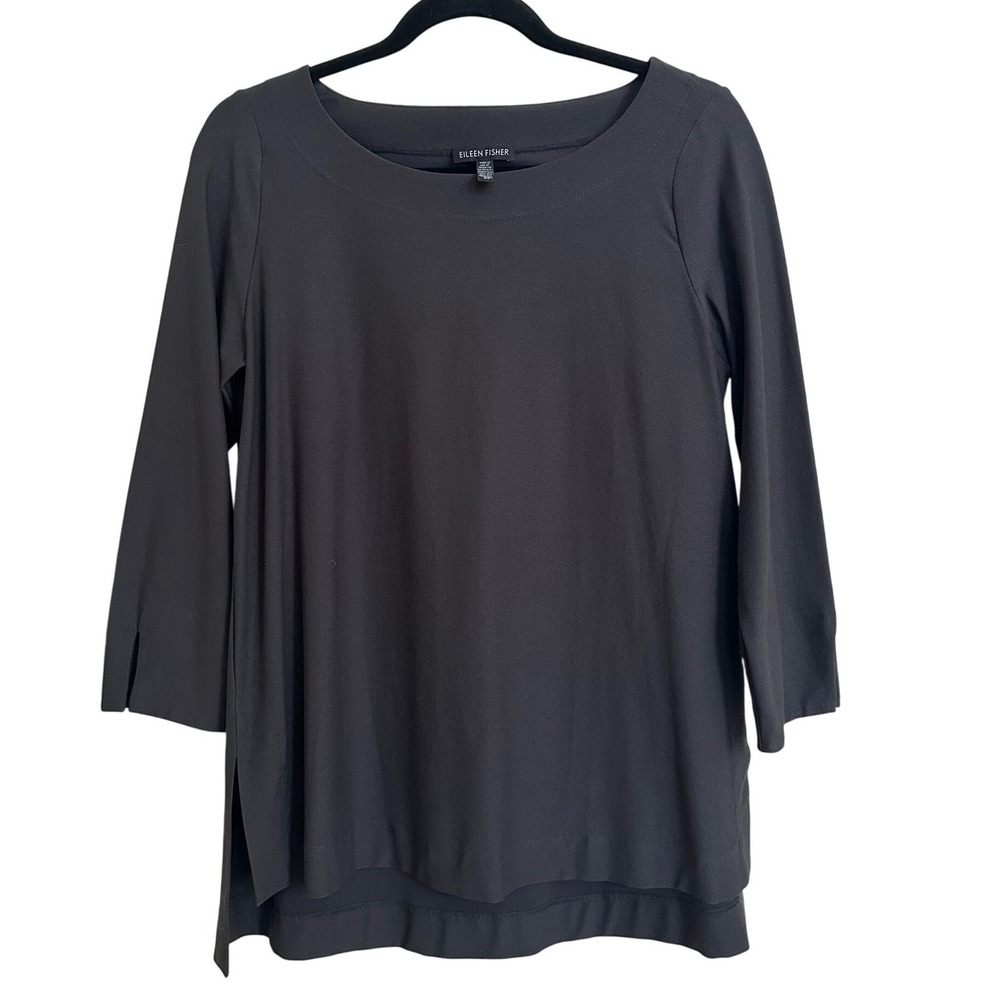 Eileen Fisher System Stretch Viscose Boatneck Top Black Small